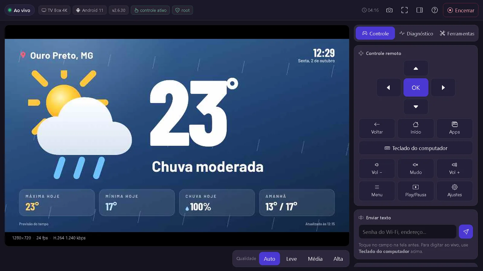 Janela de acesso remoto do painel PlayTVi mostrando a tela de um TV Box ao vivo com controle remoto virtual, teclado e qualidade automática
