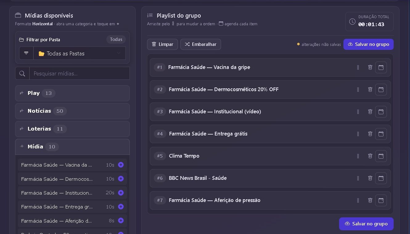 Playlist de um grupo com mídias disponíveis à esquerda e a playlist à direita